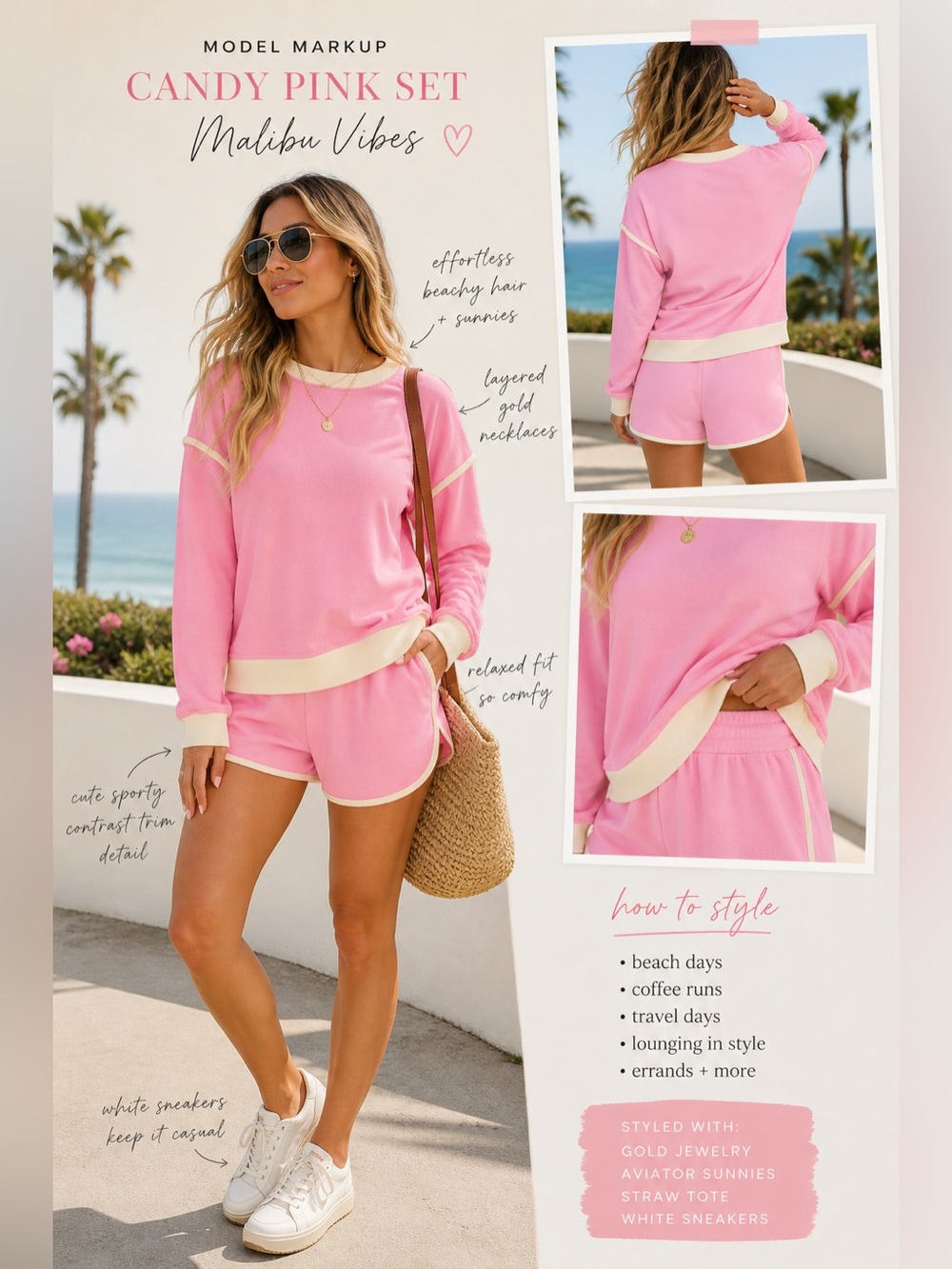 Lg Zenana Outfitters Pink and Cream Pullover Sweatshirt and Matching Shorts - Picture 4 of 5